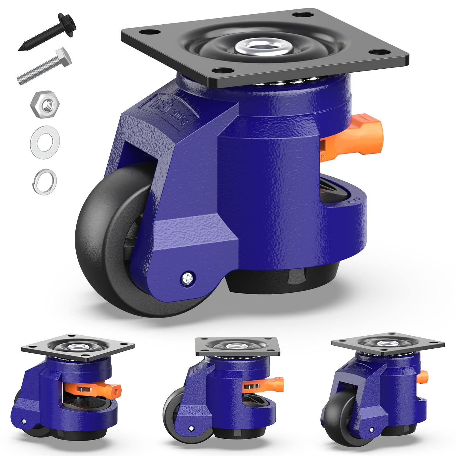 4 x Premium Nivellierrollen - Schwerlastrollen mit Ratschengriff - Gesamthöhe 107-114 mm - Industrierollen für Werkbank