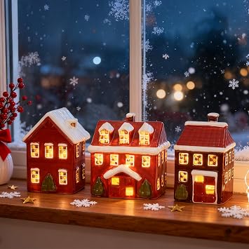 WDS WONDROUS Ceramic Christmas Village Houses Red, Sets of 3 Lighted Houses