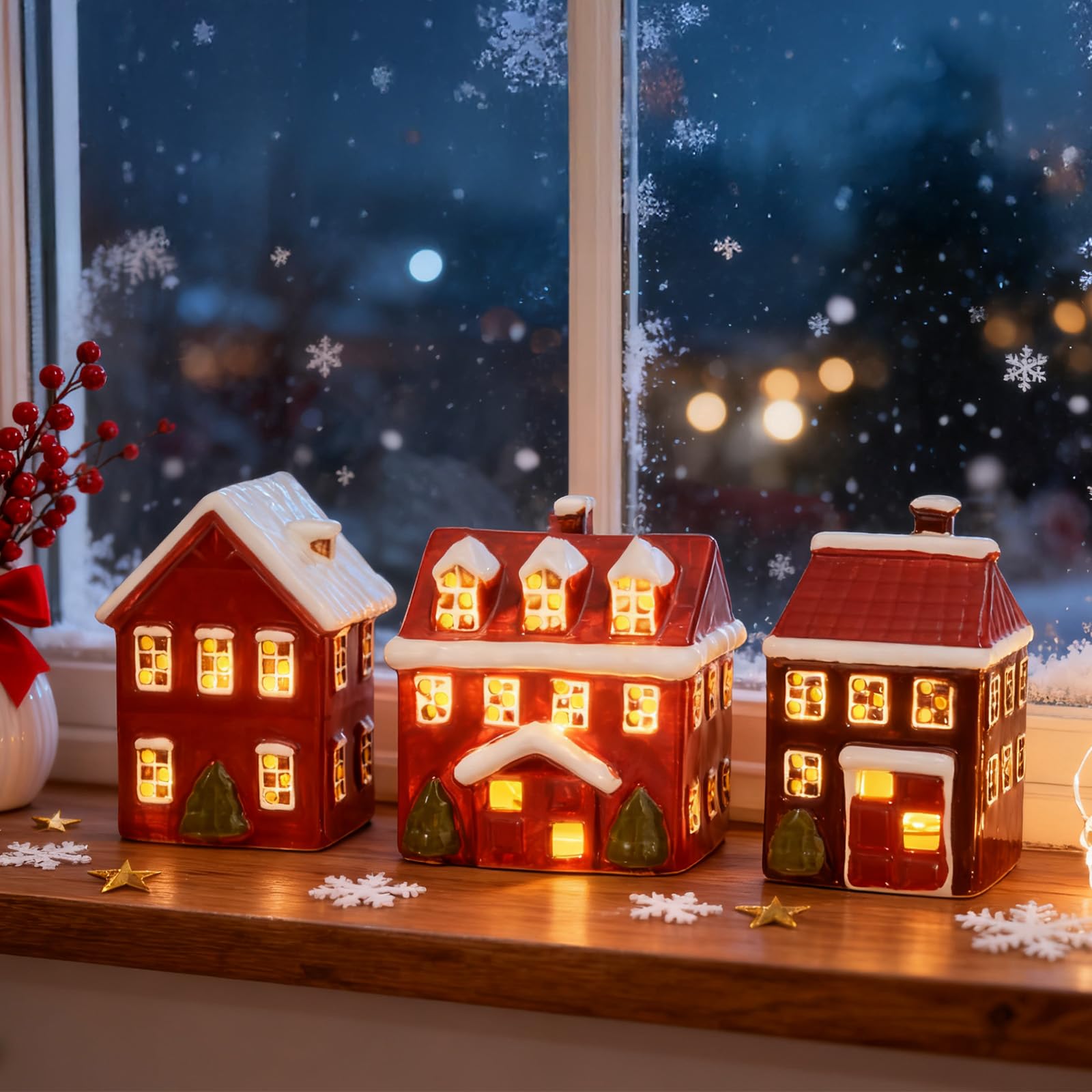 WDS WONDROUS Décorations de Noël – Lot de 3 maisons de village de Noël lumineuses en céramique peintes à la main, maisons de Noël d'intérieur rouges et blanches pour maison, table, chambre, ferme