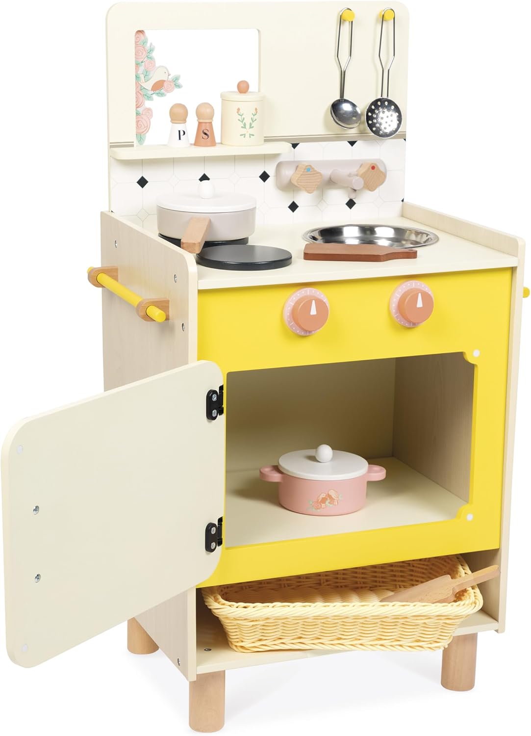 Janod - Wooden Children's Kitchen - Equipped with Oven, Sink and 11 Accessories Included - Rotating Sound Buttons - Imitation Toy and Learning - From 2 Years, J06641, Yellow