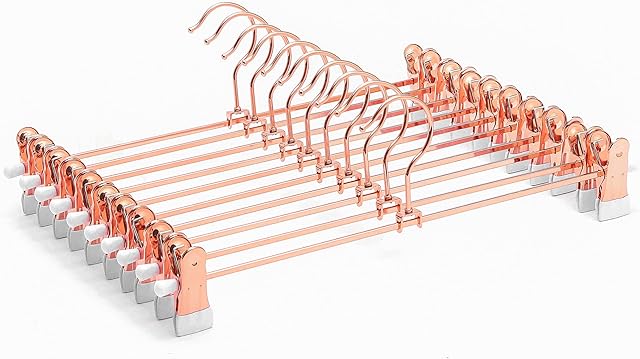 ARLYSING Shiny Copper Metal Pants Hangers Pack of 10, Rose Gold Trouser Hangers with Clips, Space Saving Skirt Hangers Bottom Hangers Jean Hangers