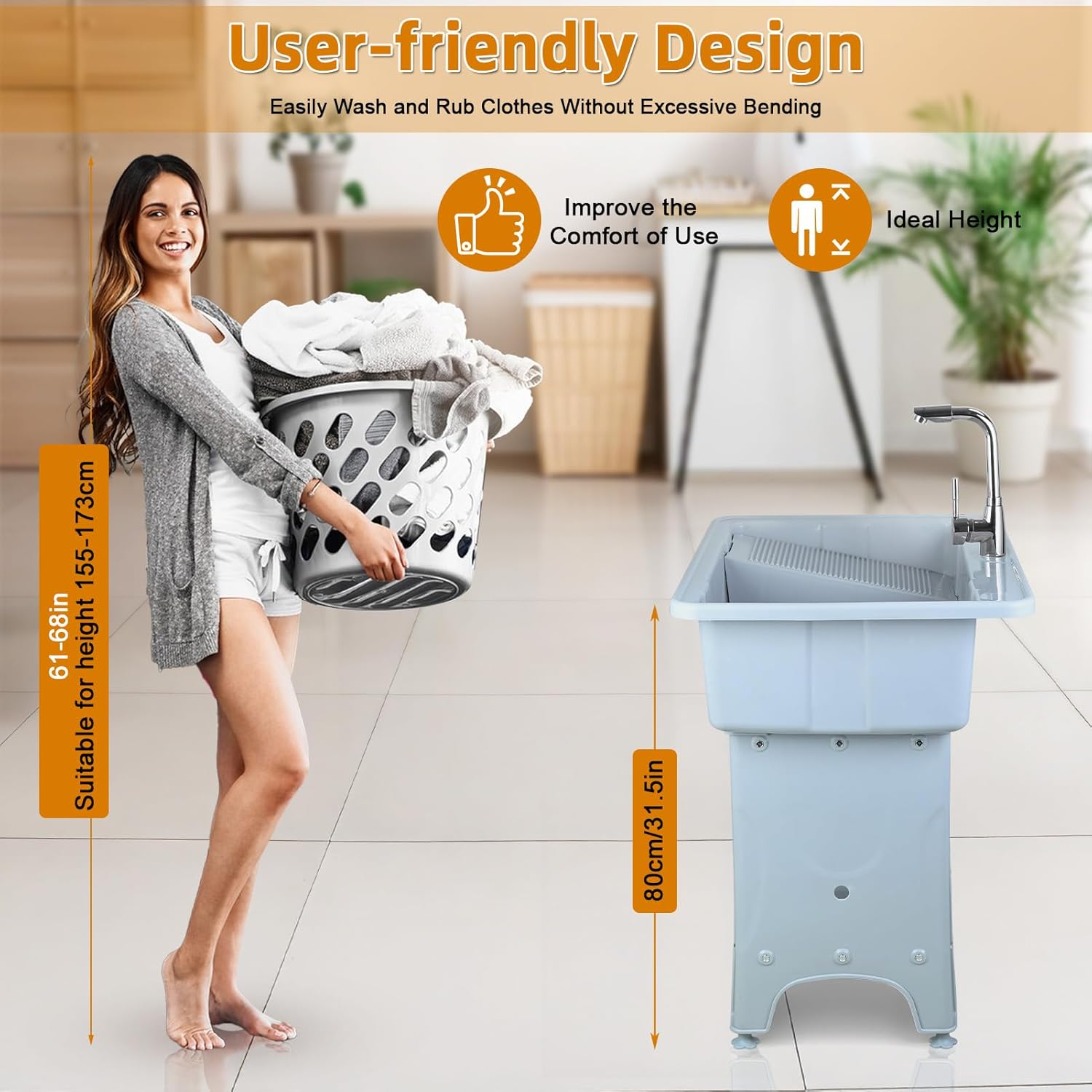 Utility Sink Laundry Tub, Portable and Compact Hand Wash Station, Freestanding Laundry Sink with Hose Hook Up for Outdoor Kitchen, Laundry Room, Garage, and Basement
