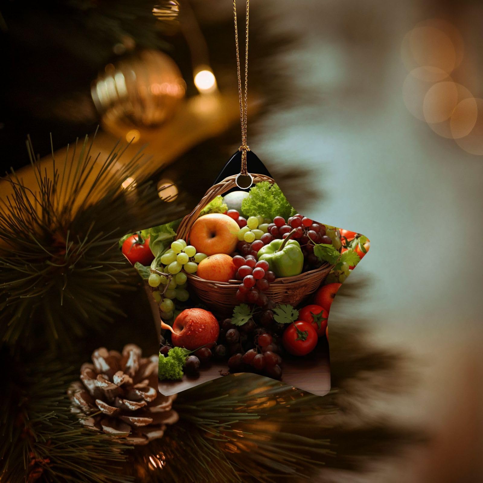 Christmas Ornaments for Christmas Tree Decoration Hanging Colorful Various Vegetables Ornament with Gold Ribbon Crafts Star Shape Ceramic Pendant for Keepsake Gifts Xmas Decor Party Supplies
