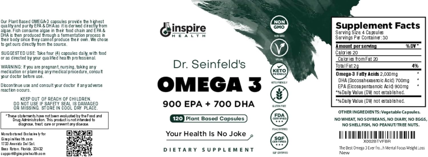 The Very Best Vegan Omega 3 Supplement - 120 Capsules - Algae Omega 3 Vegetarian Supplement - Plant Based Fish Oil Alternative - EPA DHA Supplement - Made in The USA - Heart Stress Relief Dr. Seinfeld