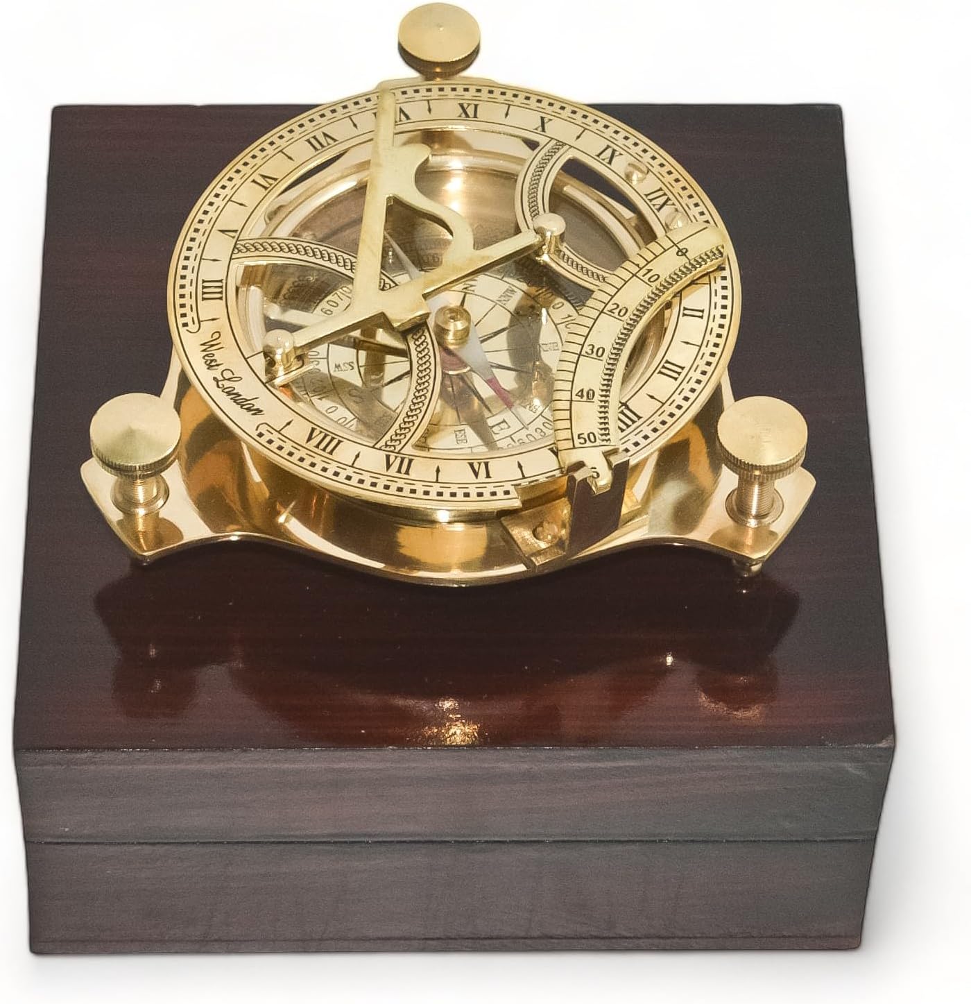 Antique Brass Sundial Compass with Wooden Rosewood Box, Perfectly Calibrated Steampunk Brass Sundial Clock with Wooden Box, Ideal Nautical & Vintage Gift for Men