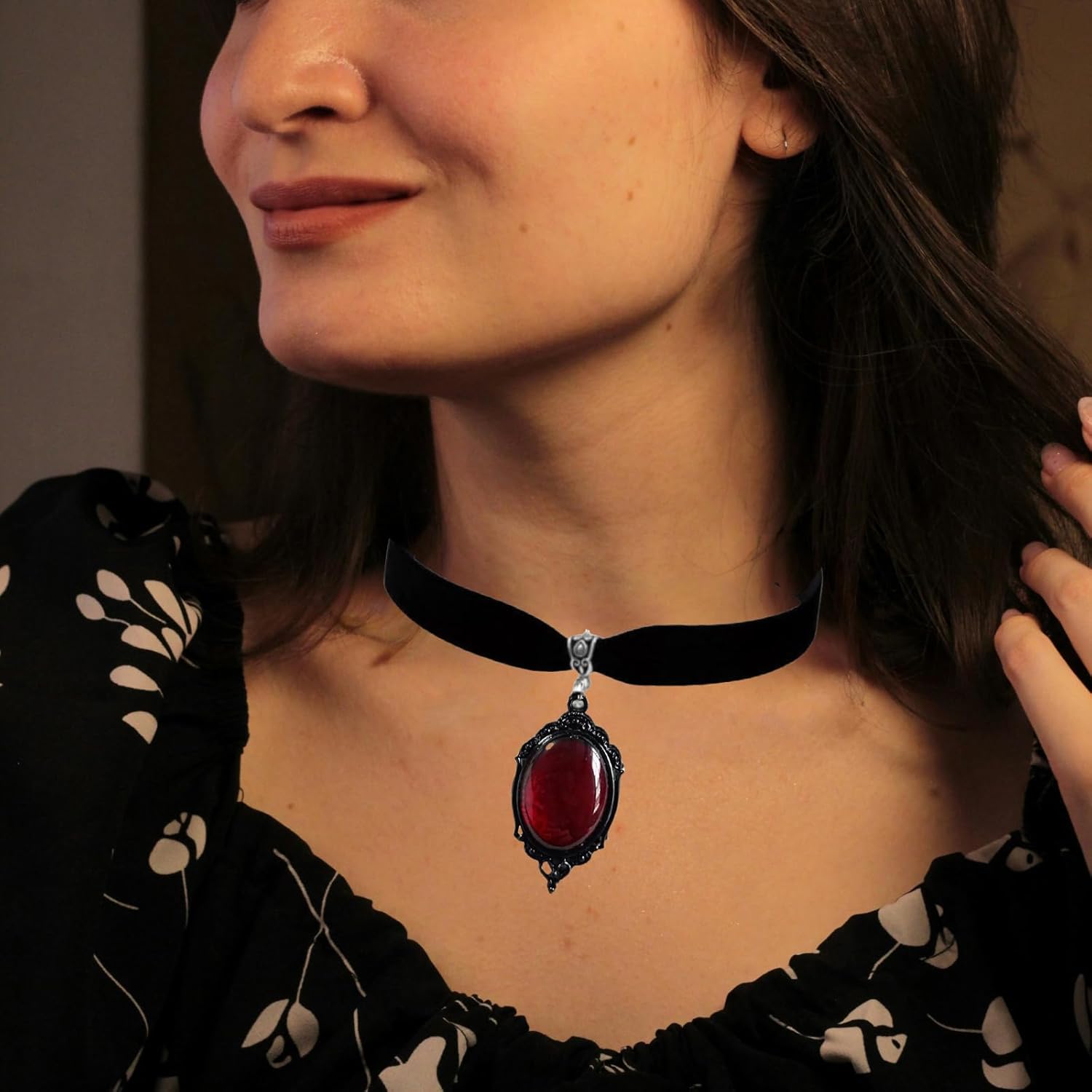 Gothic Velvet Choker Necklace for Women,Vintage Black Satin Surface Gemstone Necklace Statement Hollowed Out Multicolor Crystal Necklace Punk Style Halloween Mysterious Witch Jewelry - Image 3