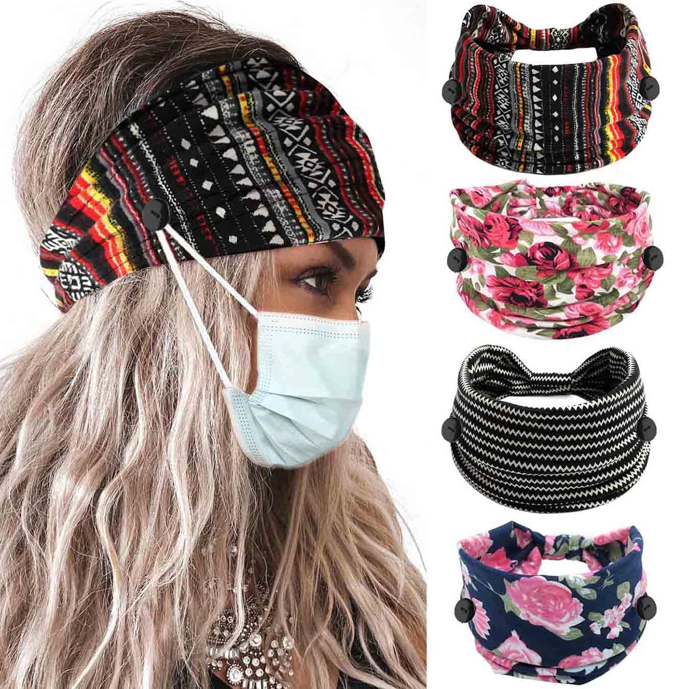 Olbye Leopard Button Headband Wide Elastic Nurse Head Bands Workout Yoga Sports Hair Band Non Slip Turban Headwrap Mask Ear Saver Sweatband Boho Hair