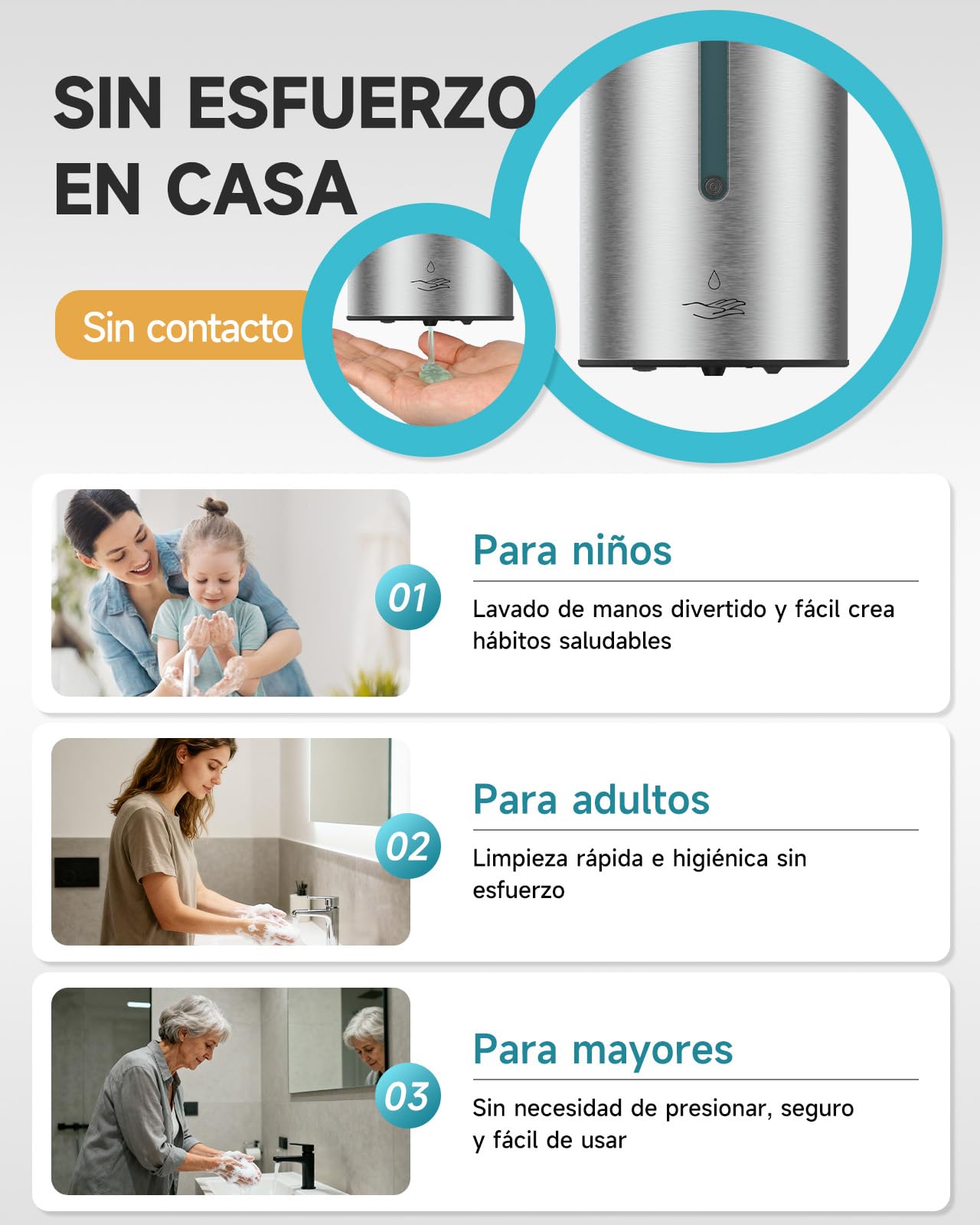 AIKE AK1205E Dispensador Automático de Jabón de Montaje en Pared, Gran Capacidad en Acero Inoxidable para Comedor y Baño