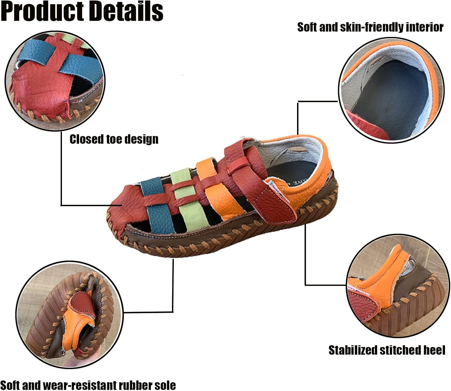 WENOREG Women's Closed Toe Leather Flat Fisherman Sandals,Summer Fashion Hollow Hand-Stitching Adjustable Soft Flat Slip on Loafer,Non-Slip with Arch Support Mom Comfort Walking Shoes