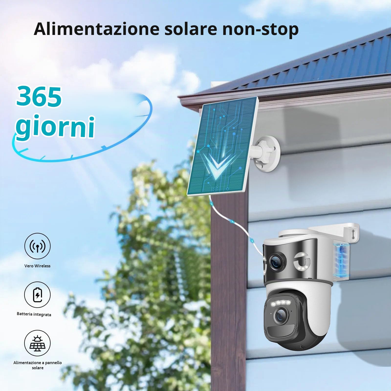 4K Telecamera Wi-Fi Esterno Senza Fili con Pannello Solare,Doppio Obiettivo Videocamera Sorveglianza WiFi,Rilevamento Umano PIR,Visione Notturna a Colori,Audio Bidirezionale,2 Pack