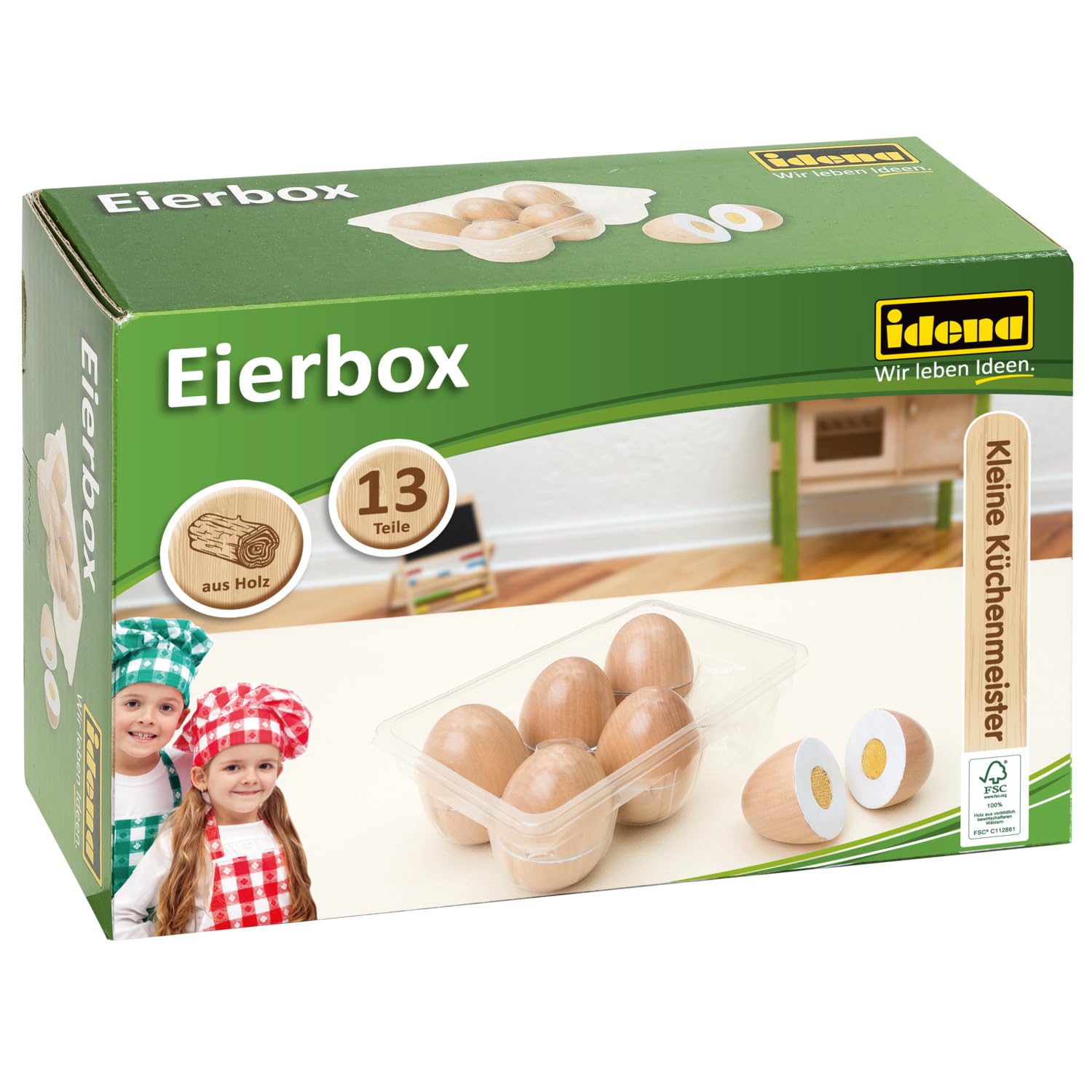Idena 40240-Huevos de Cocinero, 6 Huevos de Madera con Cierre de Velcro, Accesorios para Jugar a la Cocina y a la Tienda, para niños a Partir de 2 años, Multicolor Berlin 40240