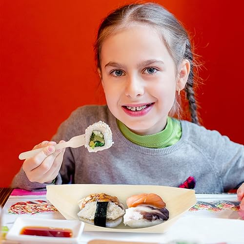 Miniatura 7 de Bokon 600 platos de bambú de 6.7 pulgadas, tenedores, cucharas, aperitivos desechables, hojas de madera, platos de barco para sushi, bandeja para