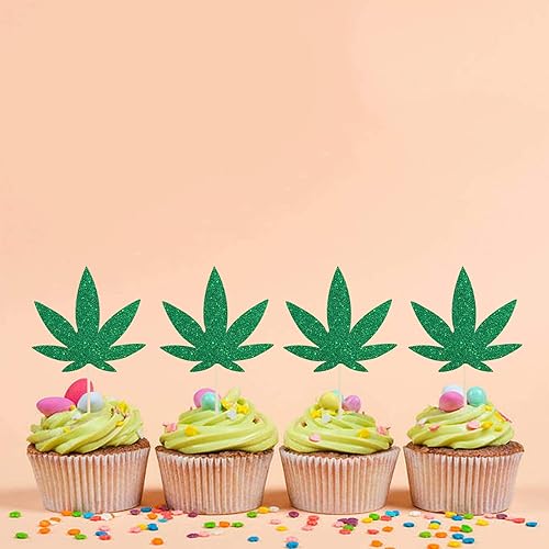 Miniatura 6 de INNORU Paquete de 24 adornos para cupcakes de hojas de cáñamo con purpurina, hojas de hierba de marihuana, suministros de fiesta de cumpleaños de