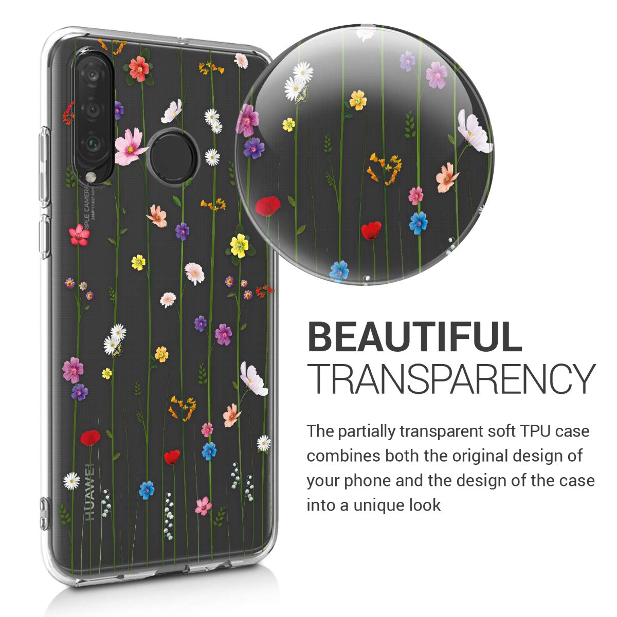 Kwmobile Custodia Con Cordino Per Huawei P30 Lite - Cover Fiorata In Silicone TPU Morbido - Protezione Antiurto Multicolore/Trasparente - 2