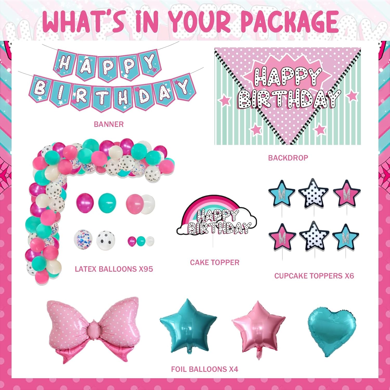 108 PCs Surprise Birthday Party Decorations, Homond Doll Themed Cartoon Birthday Party Decorations Backdrop Balloon Garland Arch Banner Cake Cupcake Topper Star Bow Tie Spot Pink Teal Blue