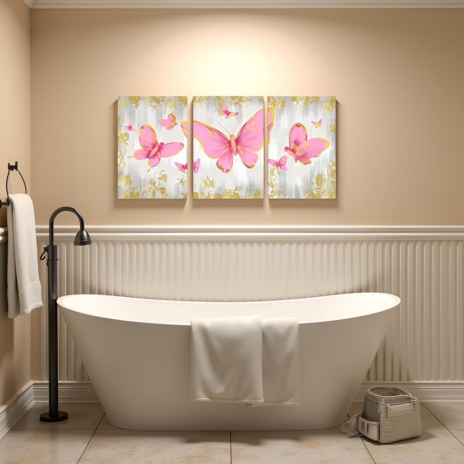 RyounoArt Butterfly Wall Decor Pink Butterflies Pictures Girls Bedroom Decor Bathroom Wall Decorations Framed 12"x16" Each