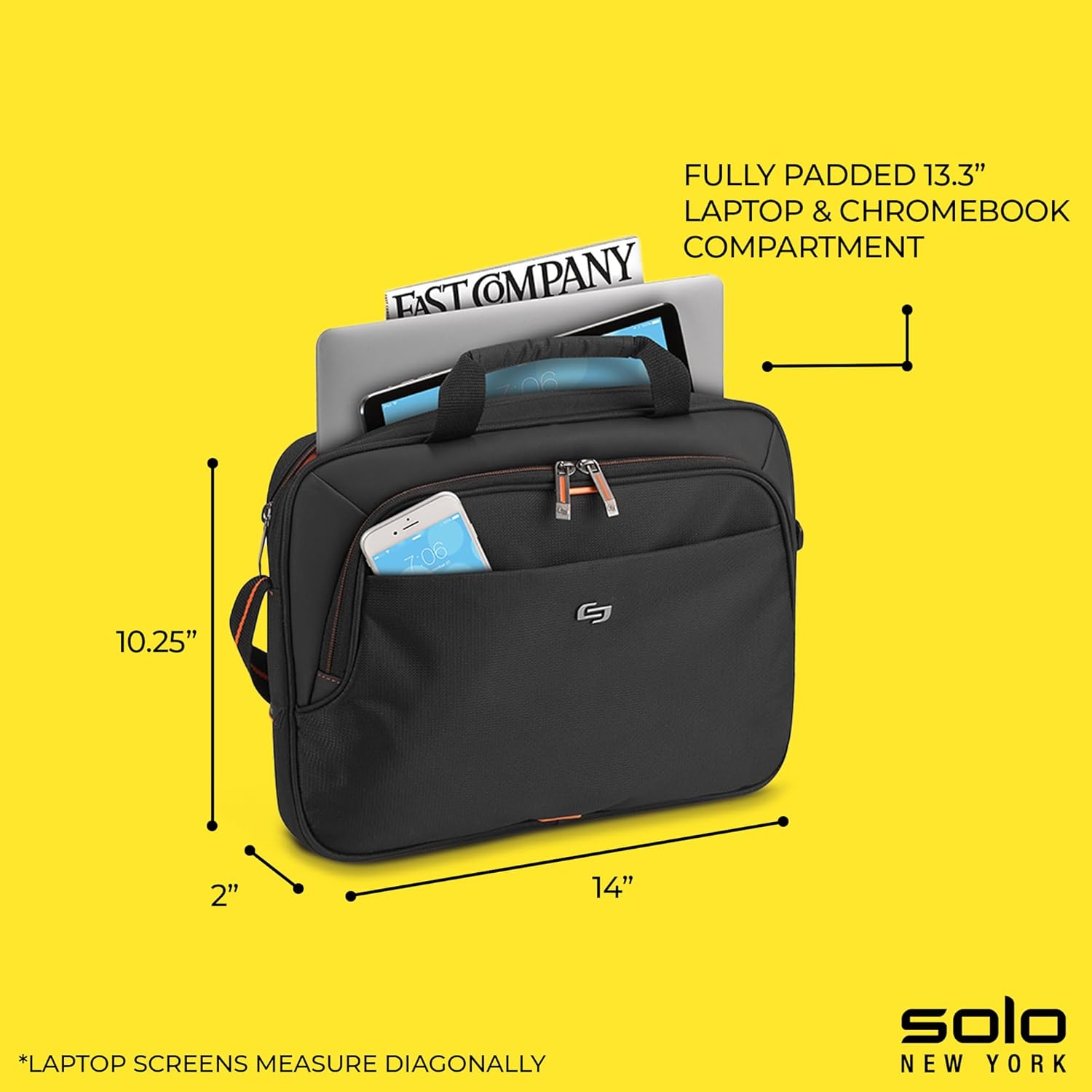 Solo New York Briefcase - 13.3" Laptop Carrying Bag for Women & Men, Brief for Travel & Work - Ace Slim, Black & Orange
