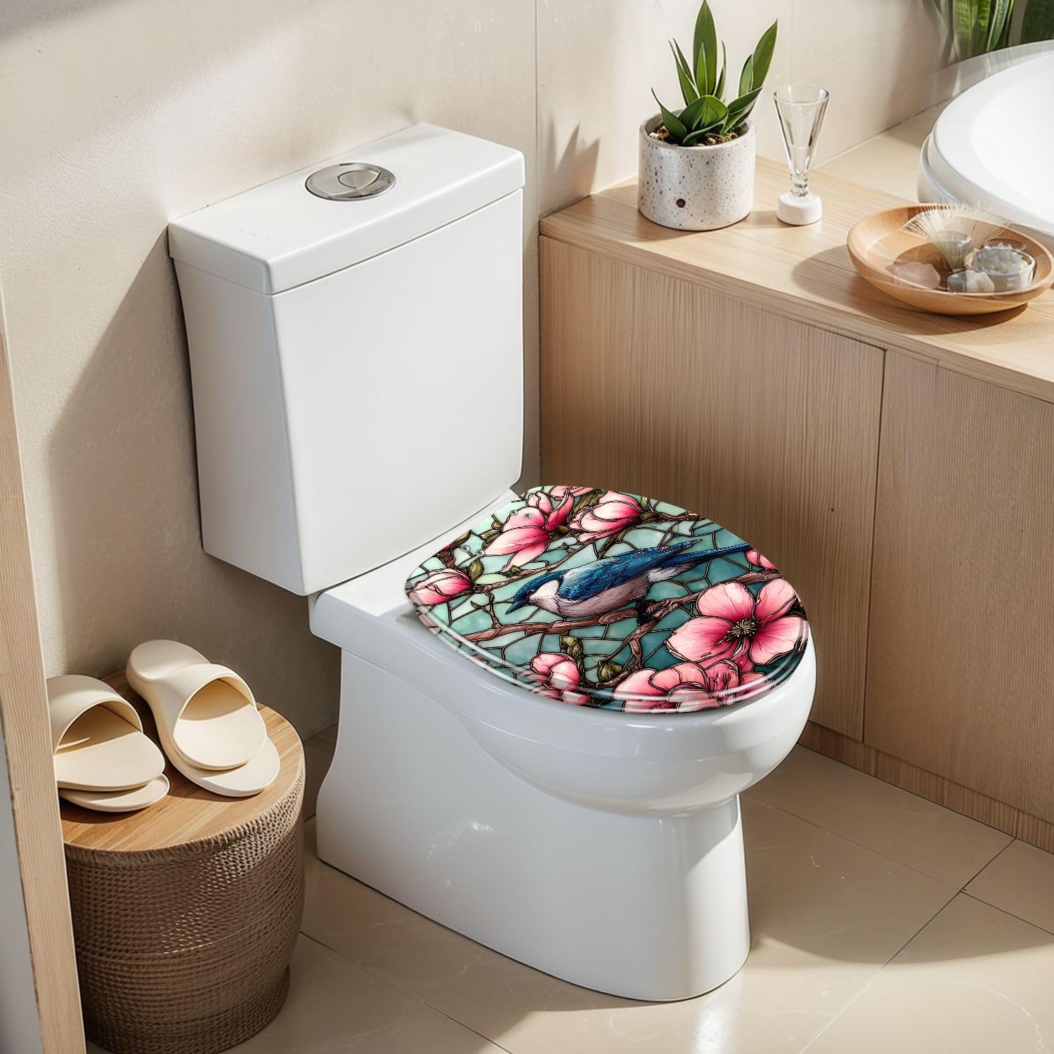 Asiento de inodoro alargado de cierre suave y silencioso para baño.
