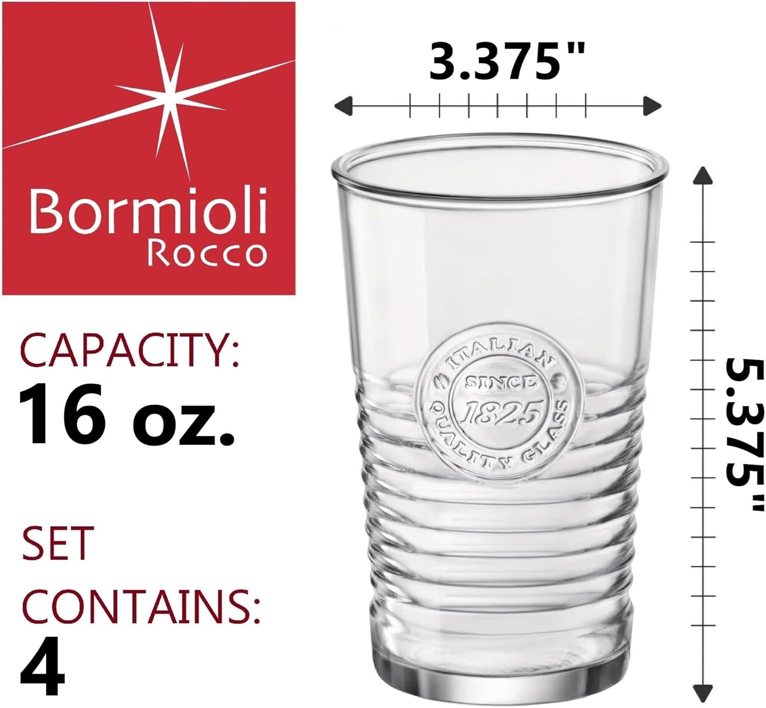 Bormioli Rocco Officina 1825 16 oz. Cooler Drinking Glasses, and Cocktails, Set of 4, Clear