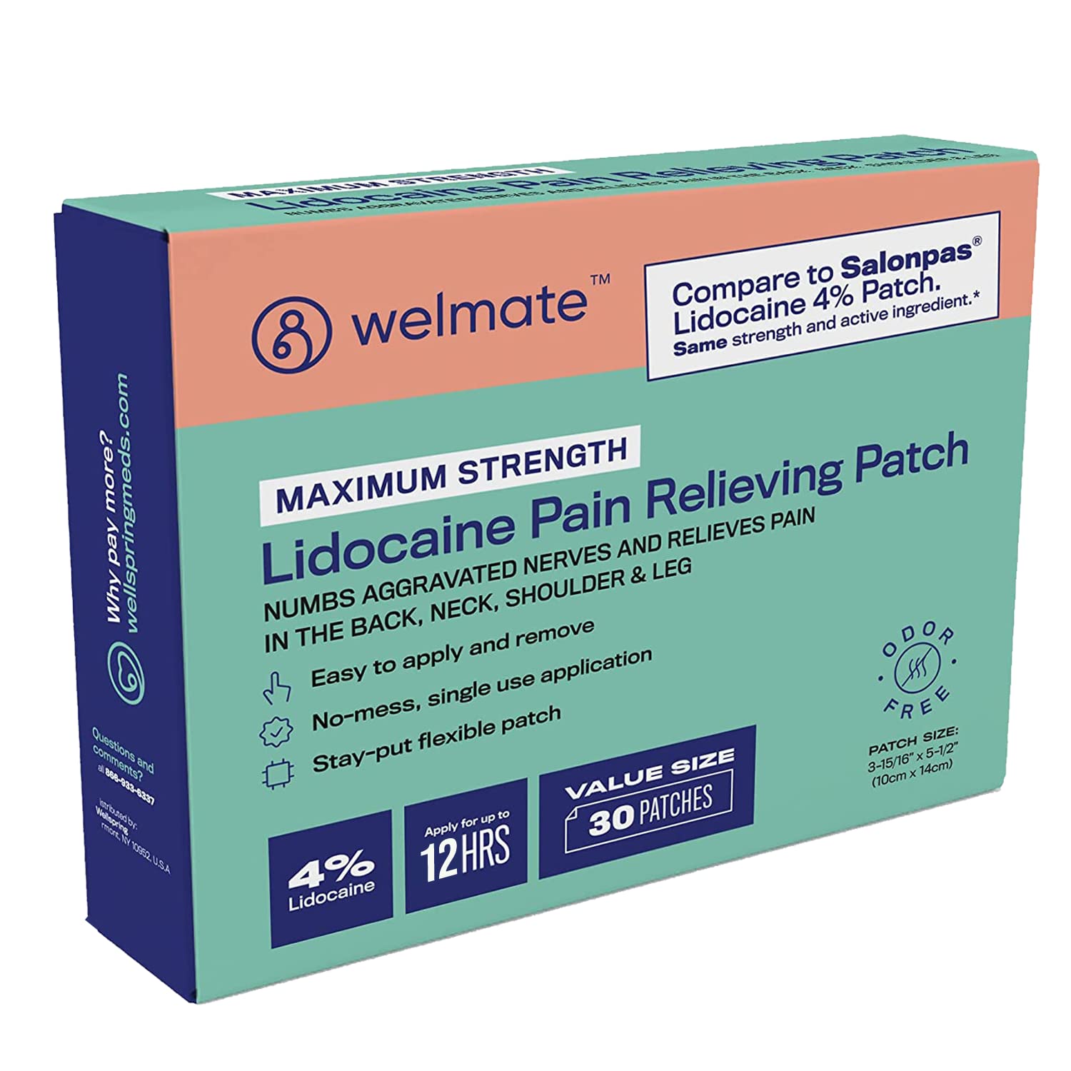 WELMATE | 4% Lidocaine Numbing Patch | Maximum Strength | for Aches, Pains, Back, Neck, Shoulder, Muscle Soreness, & Joint Pain | Arthritis | Topical Analgesic | Unscented Lidocaine Patch | 30 Count
