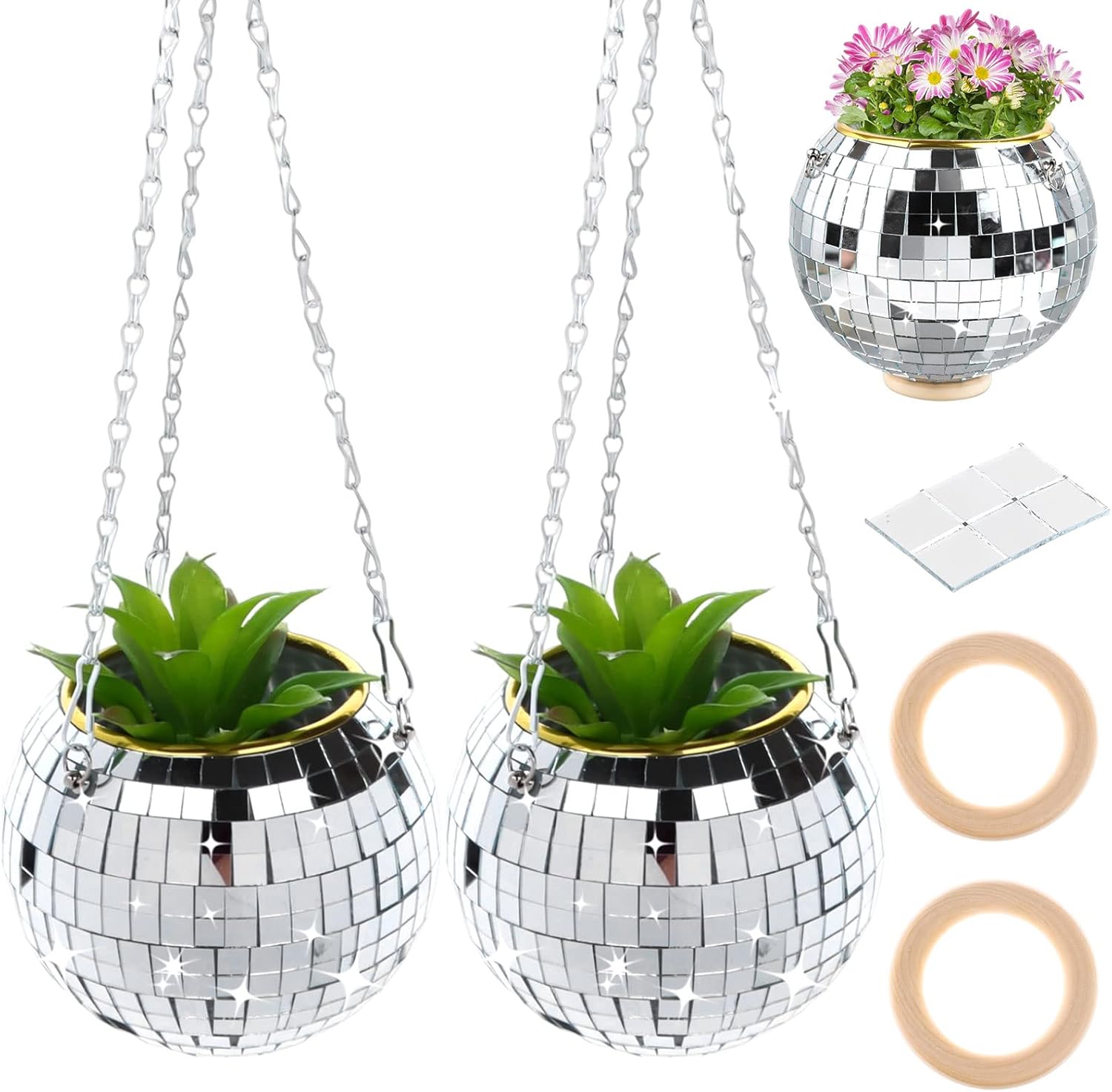 LUOFUR 2 Packs 6 in Disco Ball Planter with Chain Disco Ball Plant