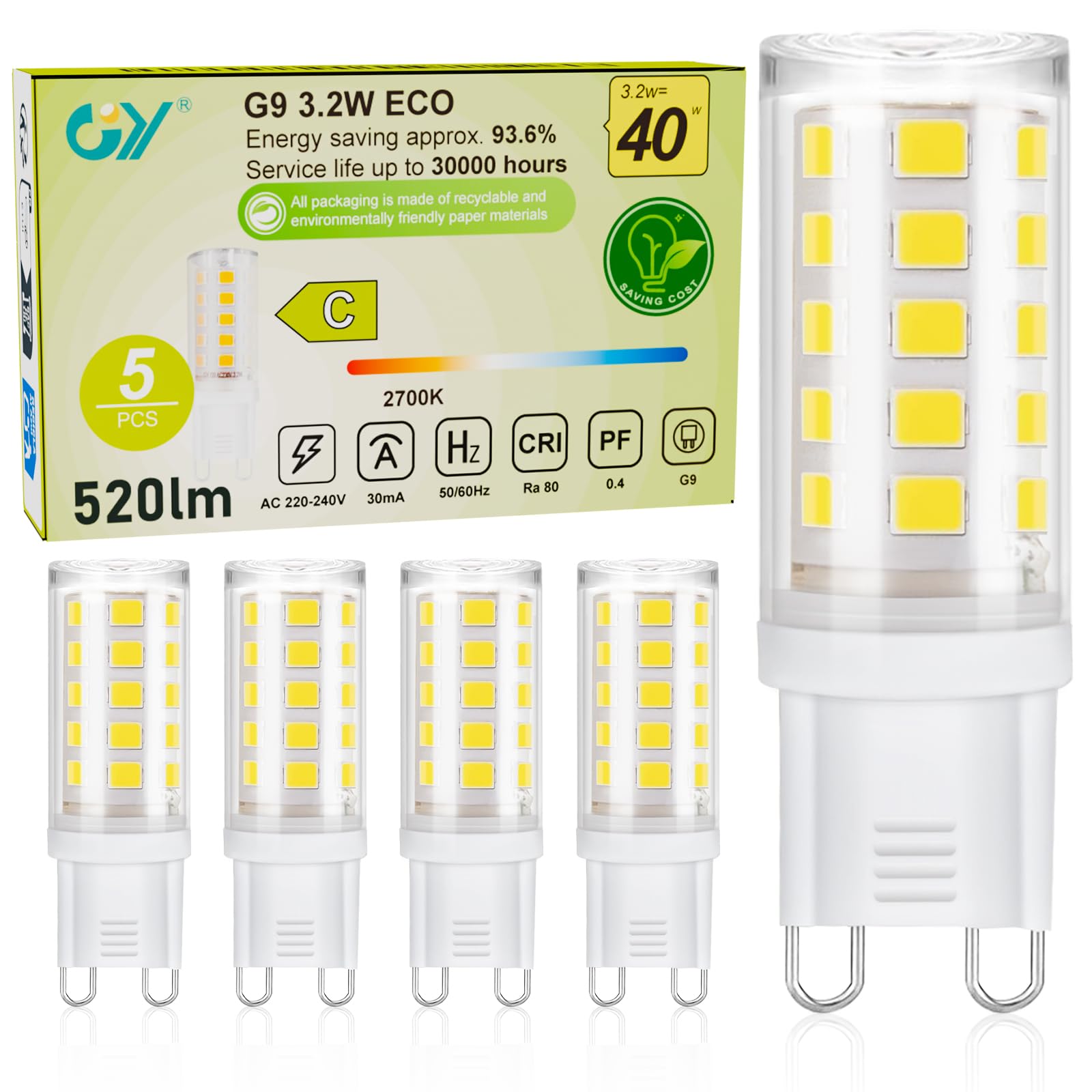 GY G9 LED Bulb Warm White 2700K, 3.2W 520LM Equivalent 40W, Class C G9 LED Bulb, 16mm x 50mm, 220-240V, Ceramic Base, Non-Dimmable, Pack of 5 — image 1