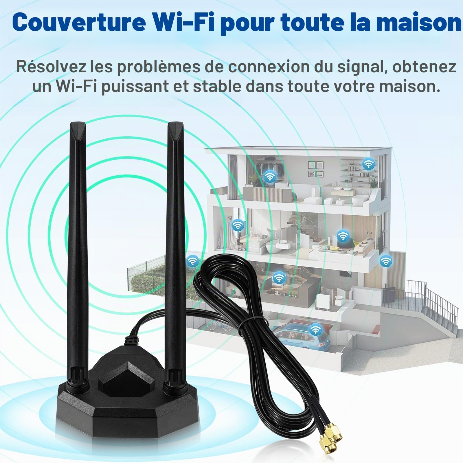 Eightwood Antenne WiFi Double Bande 2.4 GHz/5 GHz RP-SMA avec Base magnétique Antenne câble d'extension de 2 m pour PC de Bureau, Carte PCI, PCIe, WiFi, Bluetooth, routeur réseau sans Fil