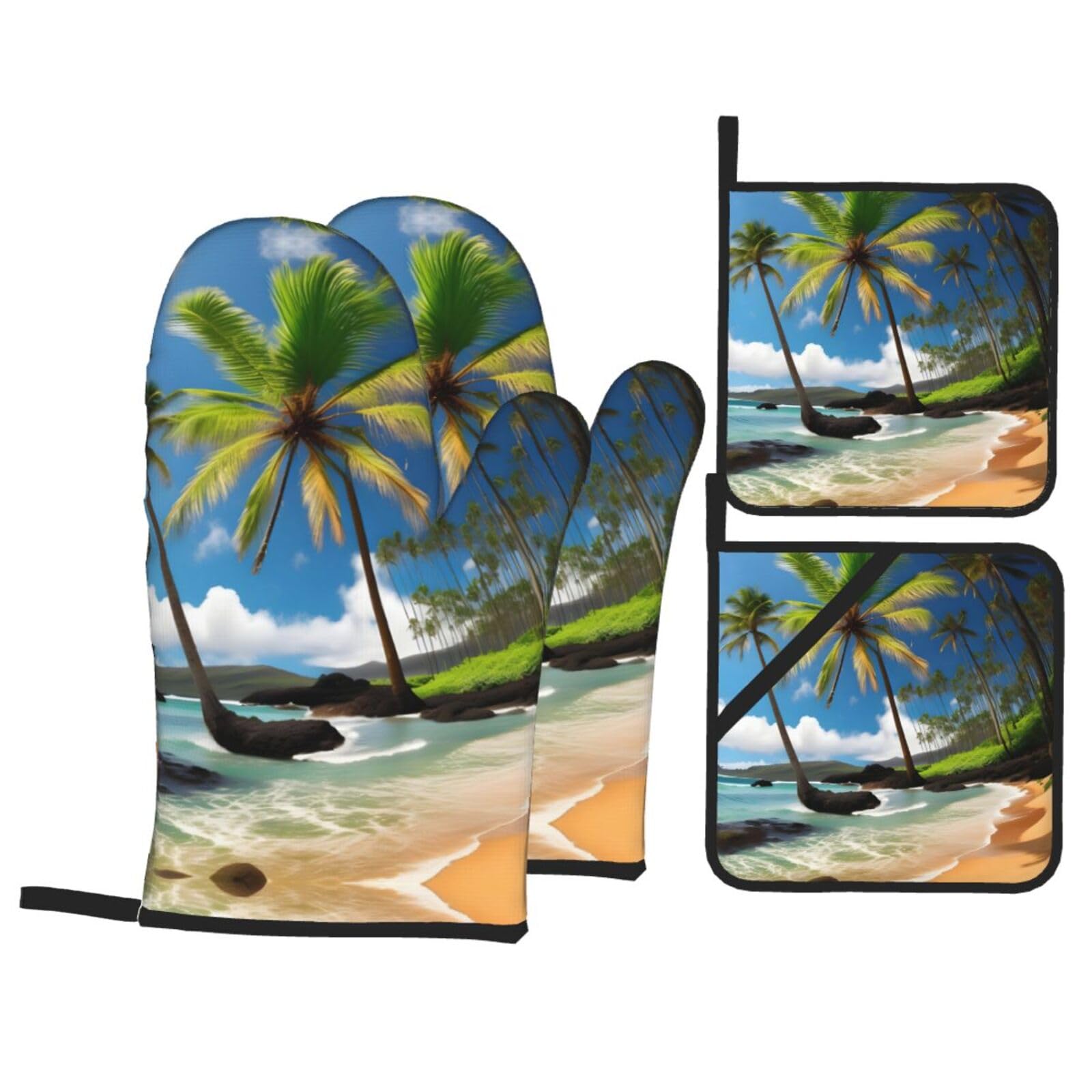 Tropical Palm Tree Hawaii Beach Print Oven Mitts,Pot Holders, Heat Resistant Oven Mitts Gloves,Hot Pads for Kitchen Cooking Grill
