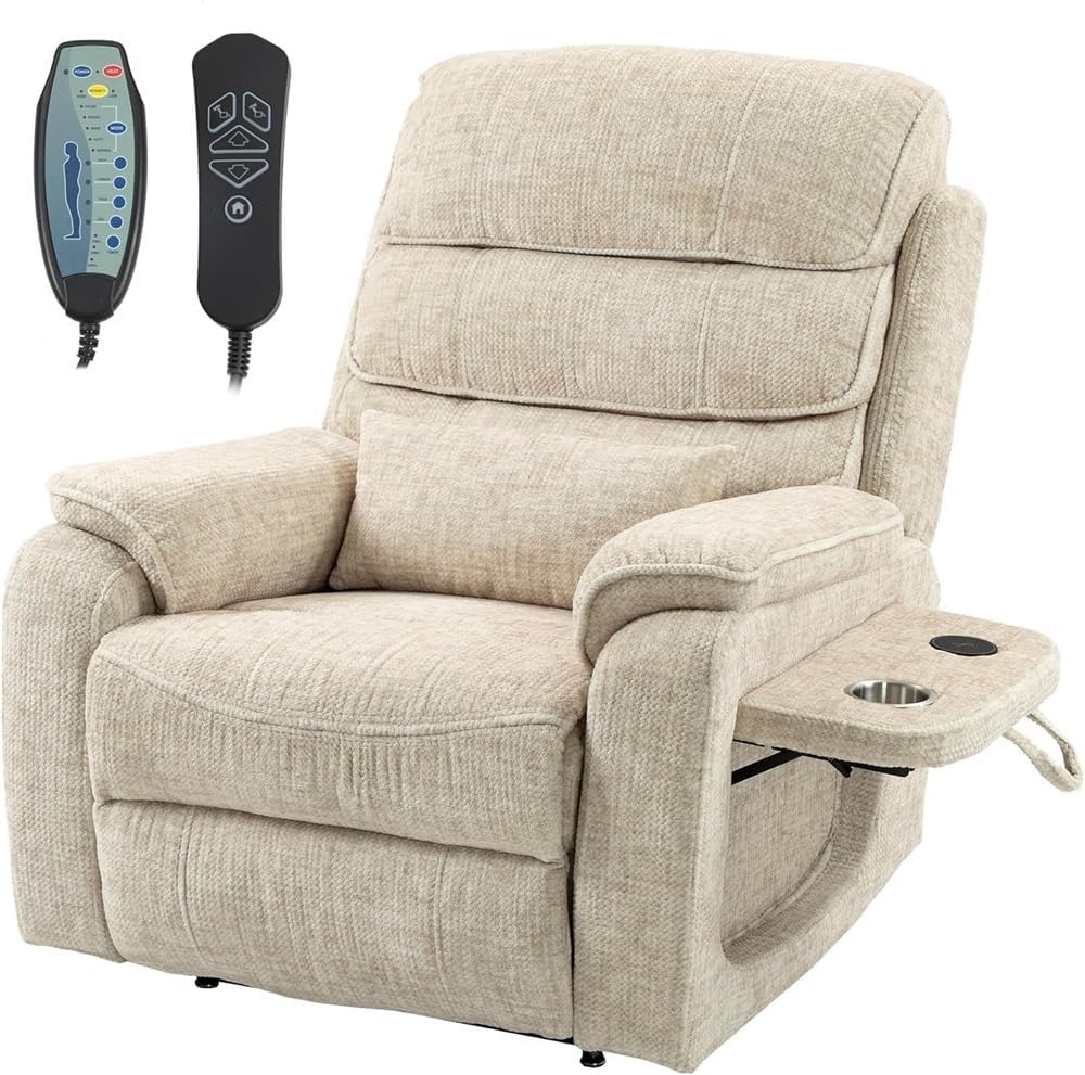 Large Lay Flat Power Lift Recliner Chair for Adults Elderly Velvet Recliners with Massage Heating Adjustable Furniture with USB Ports, Remote,Side P