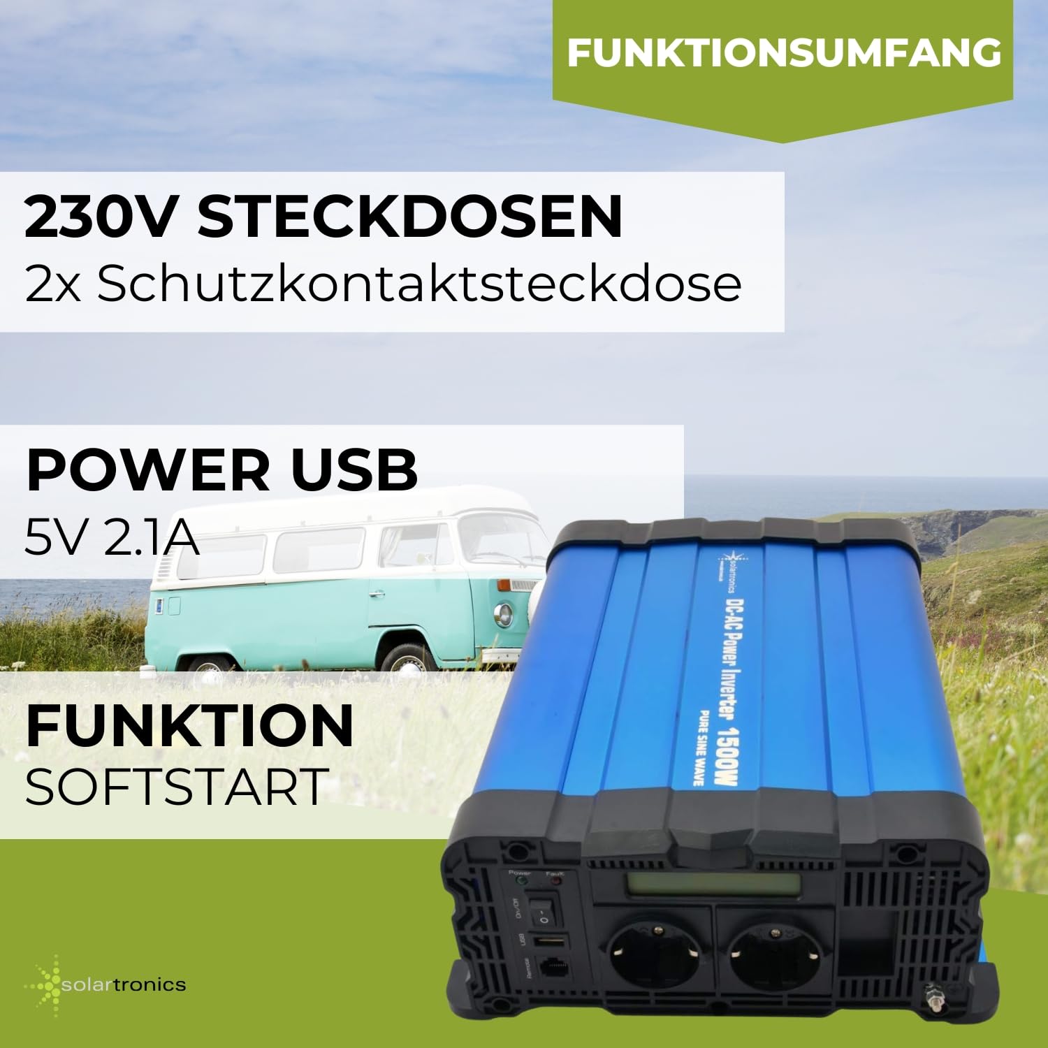 Solartronics Convertidor de Voltaje FS1500D 24V 1500/3000 Vatios Reiner Sinus Azul con Pantalla FS Serie Inversor Inversor