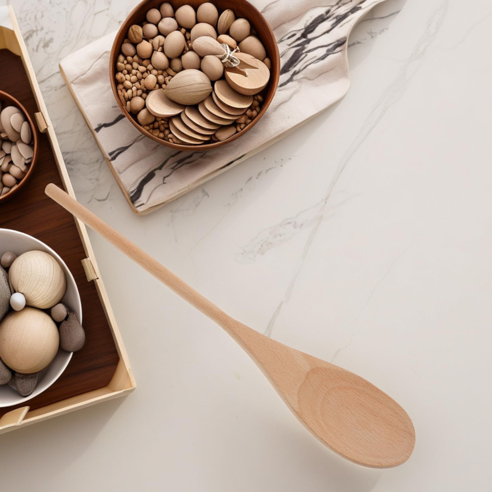 Juego de 24 Cucharas de Madera Mango Largo para Mezclar y Cocinar | Pintar, Diseño Blanco para DIY y Decoración, Utensilio Versátil, Tono Beige Natural