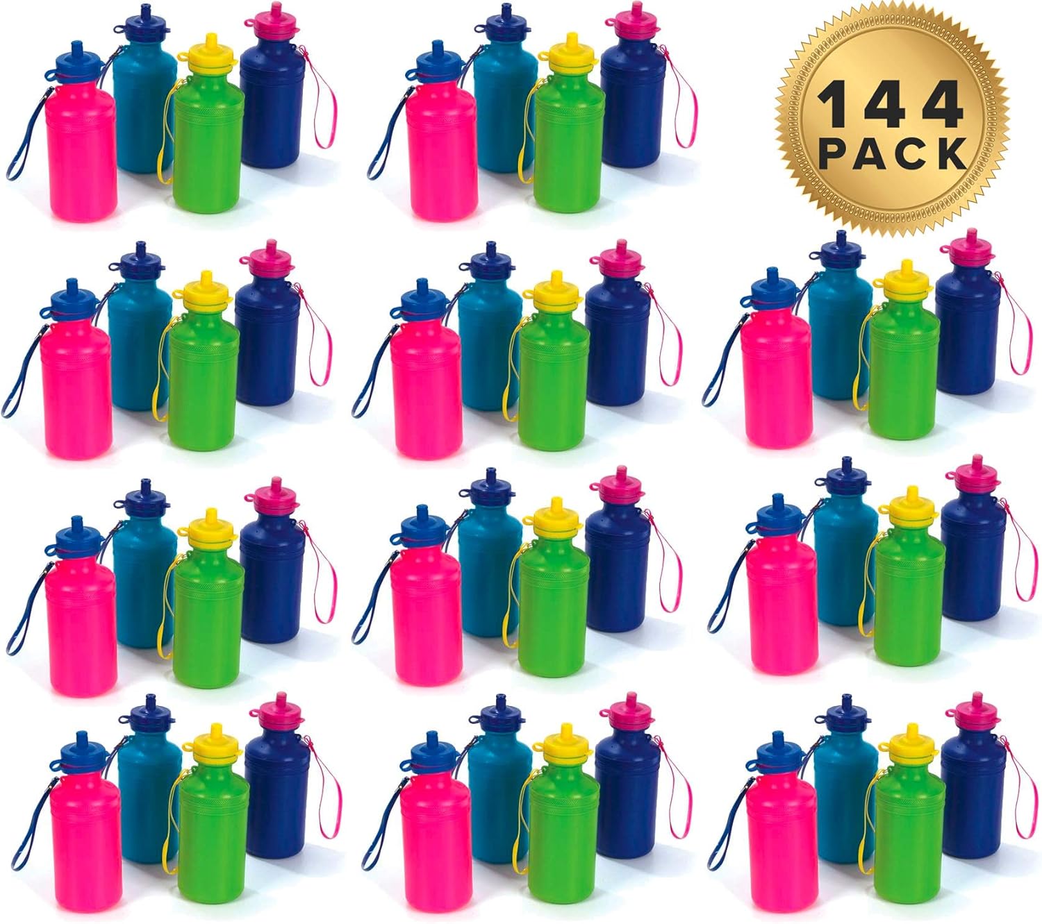 24 Pack Bulk Water Bottles for Kids | Reusable Water Bottles 7.5 Inch Beach Accessory, Holds 18 Ounces Of Drinks Neon Color Colors May Very (24 Bottle Pack)