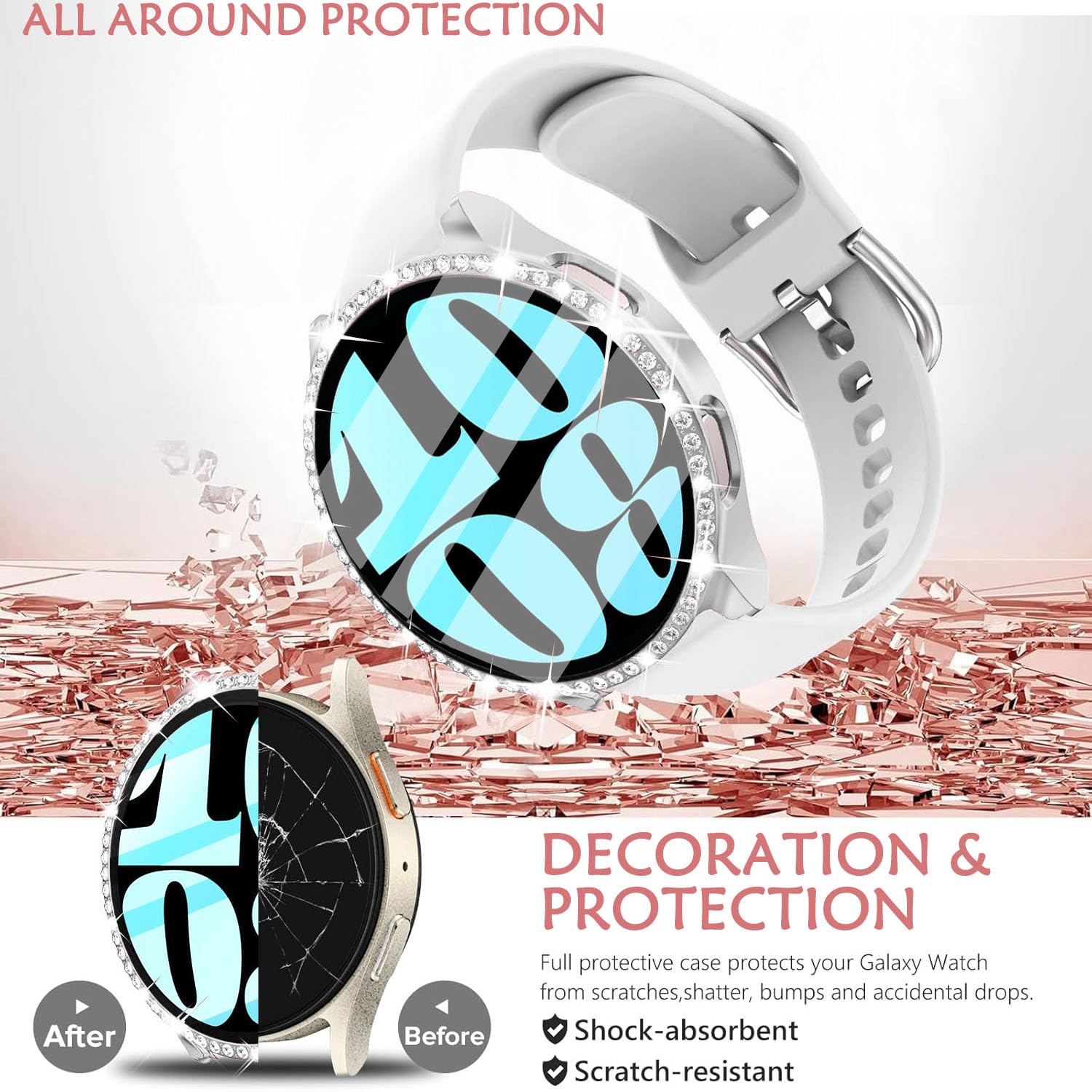 DEALELE [2-PACK] Case Compatible with Samsung Galaxy Watch 5/4 44mm, Bling Single-Row Diamond PC Protective Case Replacement Watch Cover Bumper (44mm, Gold+Transparent) — view 186