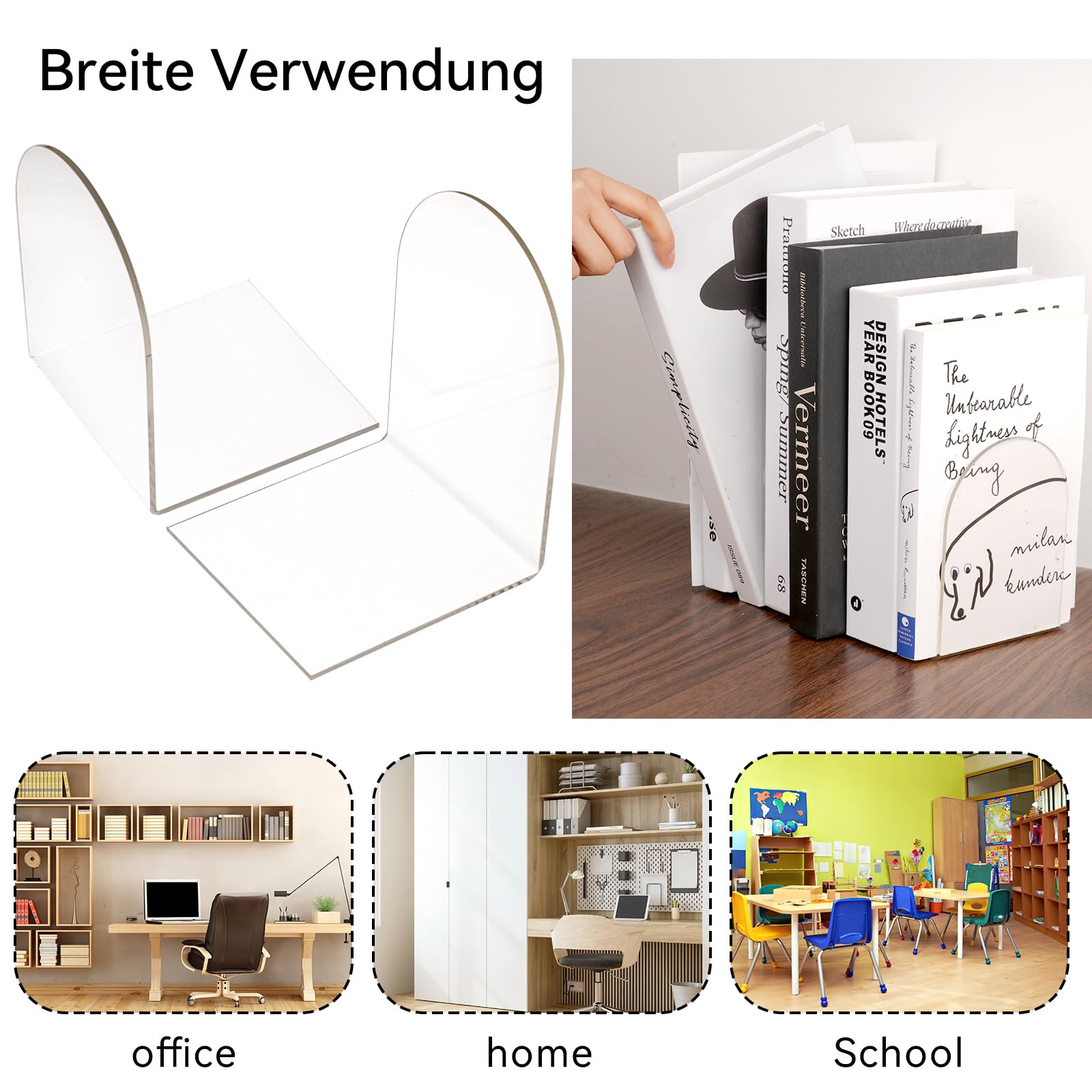 Buchstütze Acryl, 2er Pack, 100 x 100 x 130mm, Buchstützen Acryl, Transparent Bücherhalter für Bücher, Bücher Halterung Regal für Kinder,Schule,Bibliothek,Bookends für Magazine und DVDs Organzier