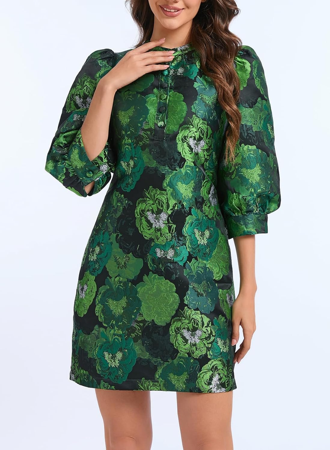 LADYFUL Women's Floral Jacquard Shift Dress 2026 Long Puff Sleeve Button Up Elegant Cocktail Party Mini Dress - Image 5