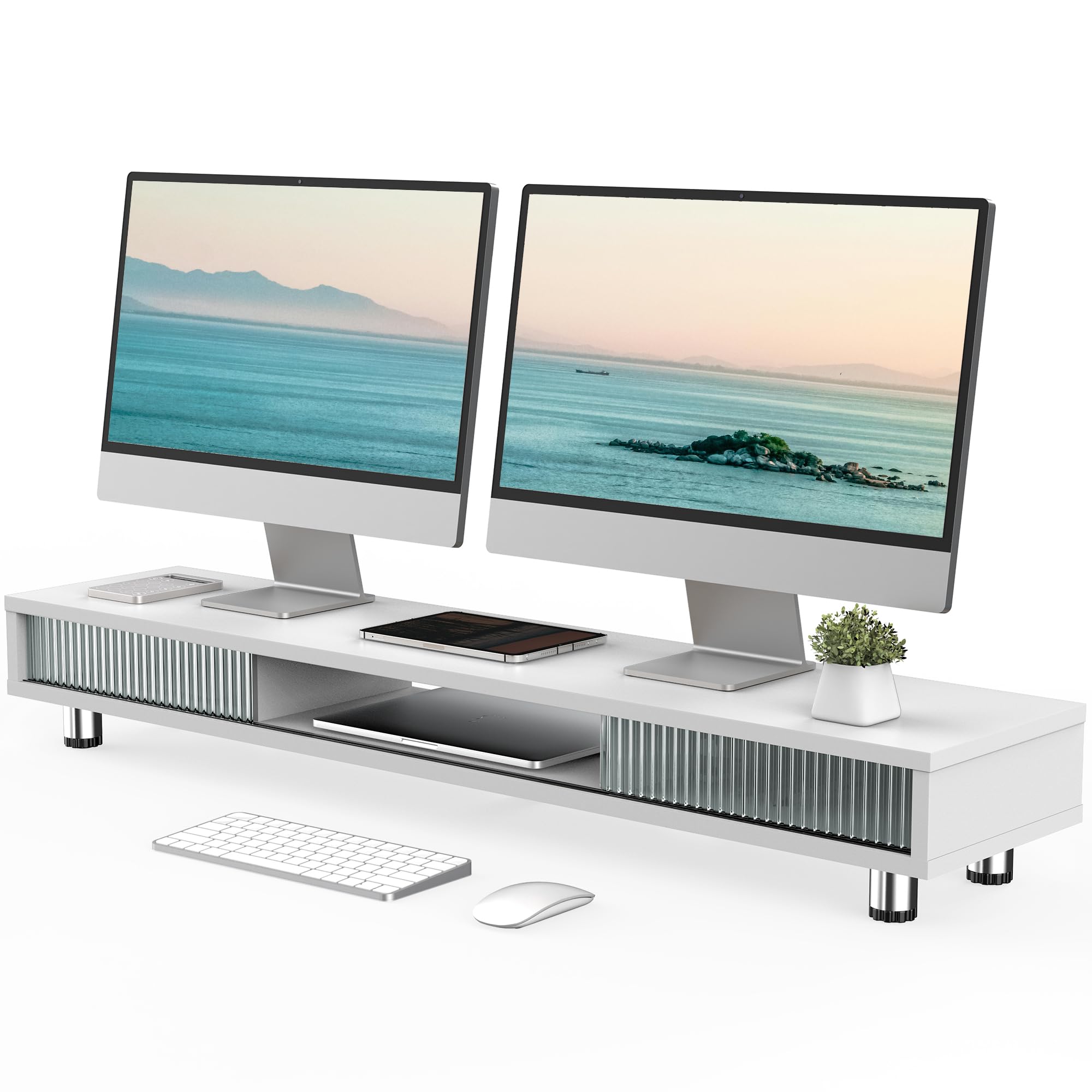 Fenge Soporte Monitor para Doble Monitor con 2 Puertas de Cristal, Elevador Monitor de Madera con Alturta Ajustable, Gran Soporte Monitor Mesa para PC/Portátil/Impresora 108x23,5x15,2-16,7cm (Blanco) The Forest Stewardship Council