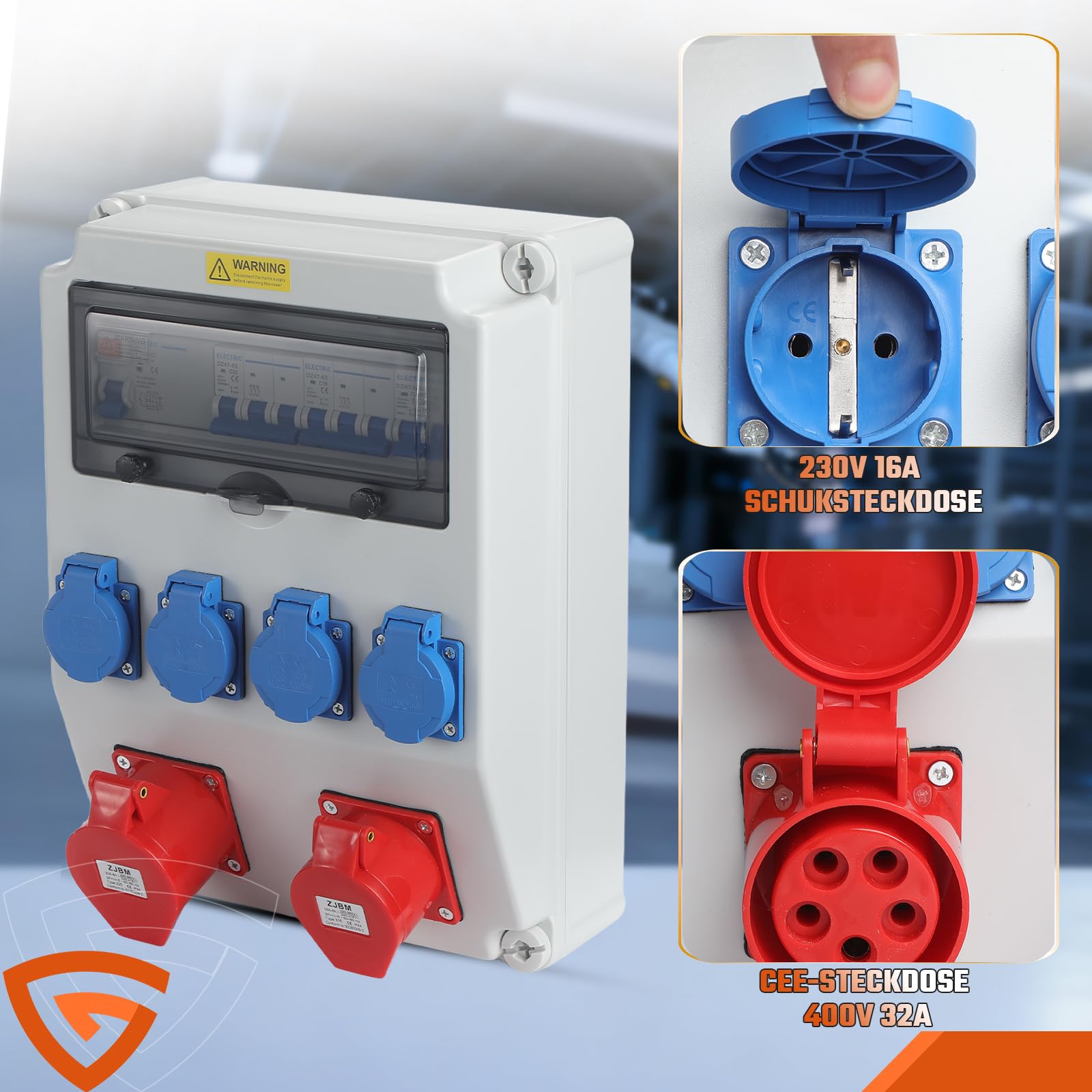 Wandverteiler Stromverteiler Vorverkabelt, 4x 230V + 1x CEE 16A + 1x CEE 32A mit LS und 40A FI, IP67 Wasserdicht Baustromverteiler für Innen Außenbereich auf Baustellen