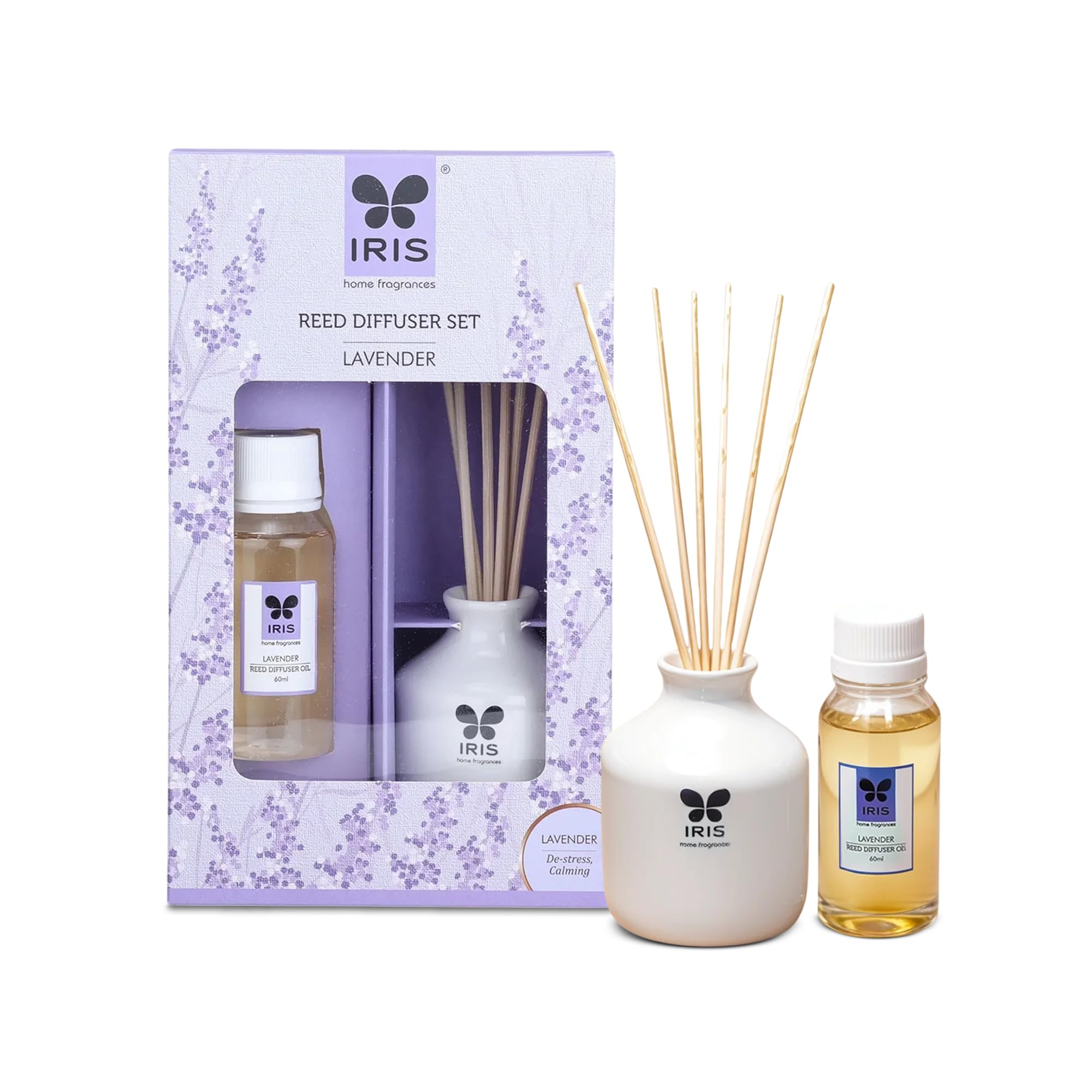 IRISHome Fragrance,60Ml Lavender Reed Diffuser Set |Free 6 Reeds Sticks of 7.5"|Stress Relief & Aromatherapy |Long-Lasting,Smoke-Free Air Freshener for Home,Bedroom and Office | Ideal for Gifting