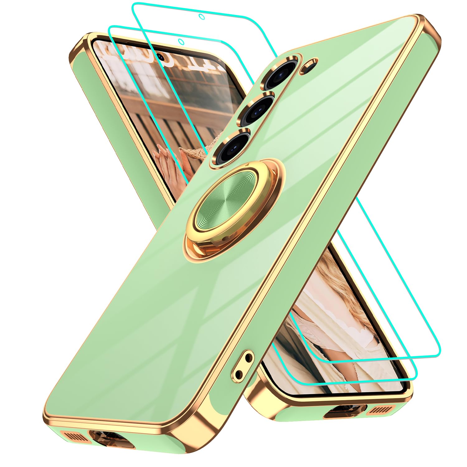 Gritup für Samsung Galaxy S23 hülle,mit 2 Stück HD-Bildschirmschutz， 360° Drehbarer Metall Ring Ständer ，TPU Silikon Galvanik Slim Kratzfeste stoßfeste Schutzhülle für s23 5g Case, Erbsengrün