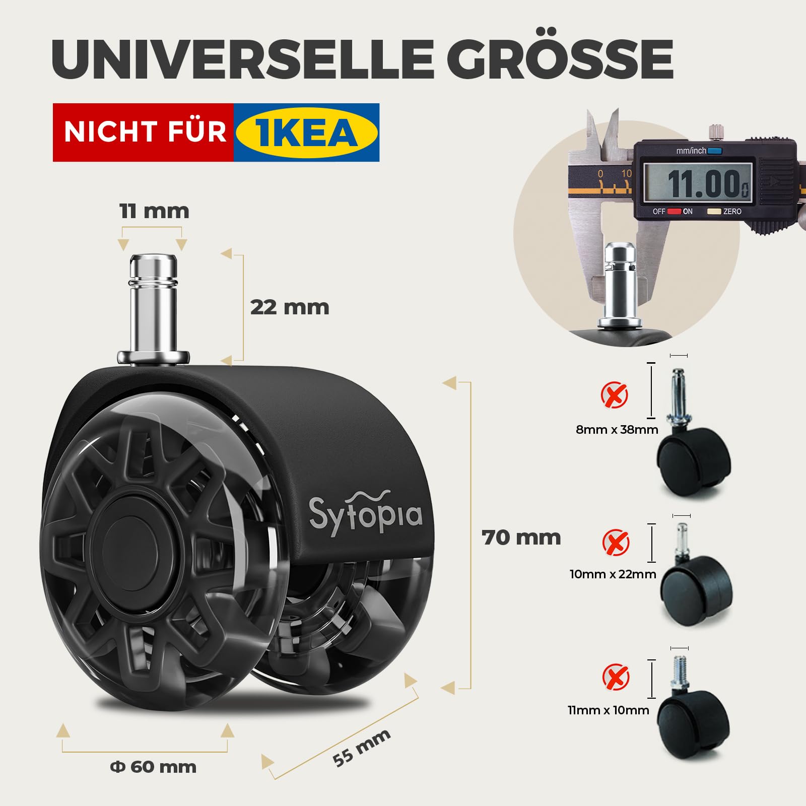 Sytopia 5er Set Bürostuhl Rollen 11x22MM, Große Gummirollen für Bürostühle, Perfekte Rollen für Teppich, Hartboden, Parkettböden, Bürostuhlrollen ersetzen Bodenmatten (Schwarz, Nicht für 1KEA)