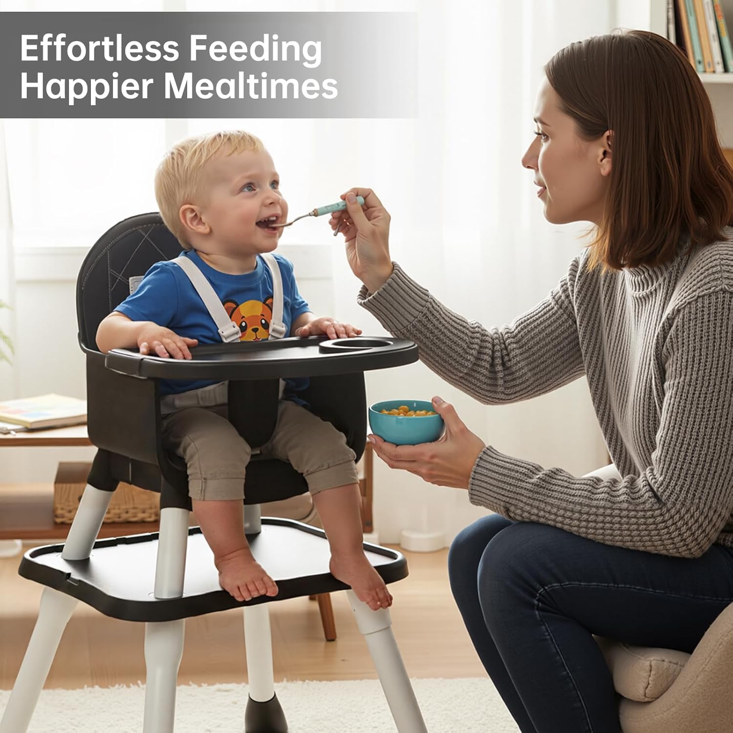 6-in-1 Convertible Baby Highchair, Booster Seat, Toddler Chair & Building Block Table, with Removable Tray, Easy Clean Cushion & 5-Point Harness (Black)