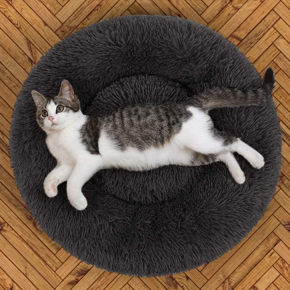 Donut Dog Bed Round Cuddler Cat Bed, Faux Shag Dog Mattress Self-Warming Pet Cushion Machine Washable Circle Plush Dog Bed with Fluffy Bolster and Anti-Slip Base for Puppy, Medium Small Dog and Cat