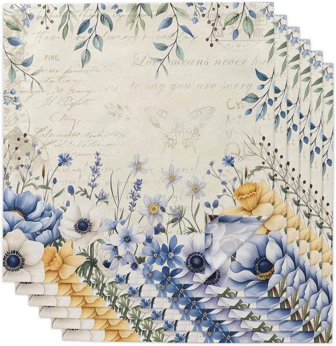 Green Blue Pink Floral Cloth Napkins Set of 8 Reusable Dinner Napkins, Rustic Ethnic Boho Flowers Botanical Cocktail Napkin Washable Table Napkins for Wedding/Holiday Party/Baby Shower 20"x20"