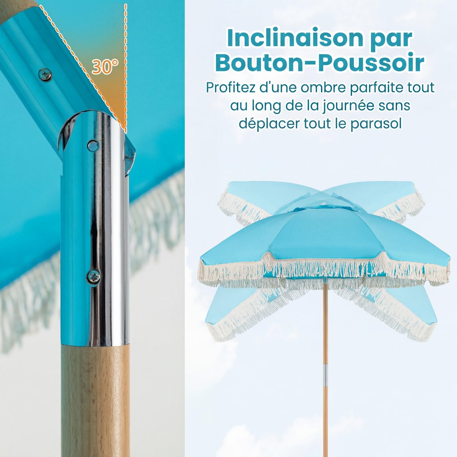 COSTWAY Parasol de Jardin Extérieur avec Franges 180 cm, Parasol Plage Inclinable, 8 Baleines Robustes, 30° Inclinaison, Ouverture Automatique, Style Bohème, pour Balcon Terrasse Piscine