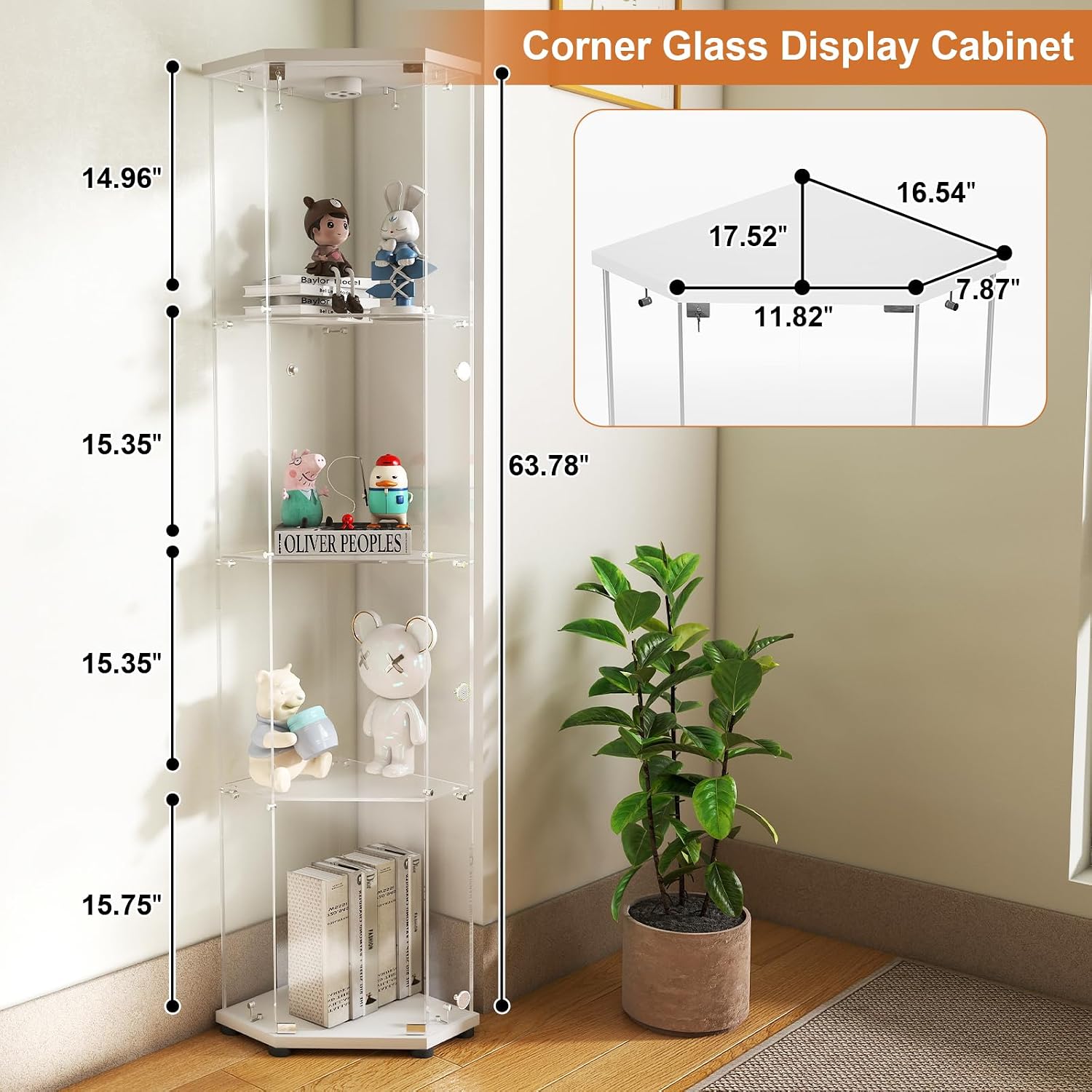 Zevemomo Corner Glass Display Cabinet with LED Lights, 4-Tier Glass Curio Case with Door & Lock for Collectibles, Liquor, Figure, Trophy, Floor Standing Glass Display Cases, White Storage Cabinets