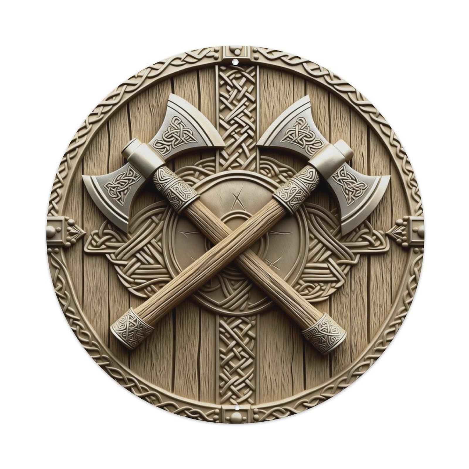 Zlatcbu Vintage Viking Axes Celtic Shield Wood Art Metal Tin Sign Retro Wall Art Poster, Decor For Home Living Room Bar Cafe Garage, 8X8 Inch