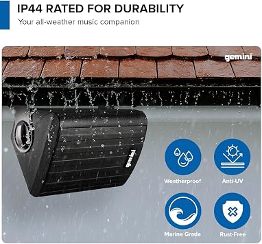 Gemini Outdoor Bluetooth Speakers, Daisy-Chain Pair, Wall-Mount, 6.5 | 6.5 outdoor wall-mount speakers, pair - IP44 all-weather - Bluetooth & AUX, expandable - remote incl
