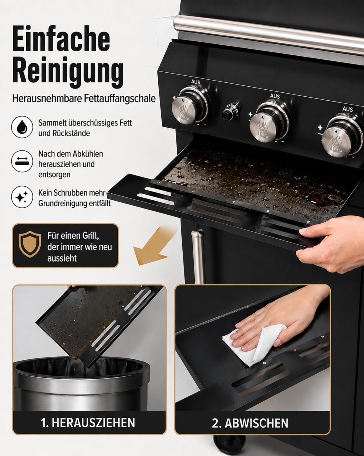 Premium Gasgrill 3 Brenner 10,5 kW Grillrost komplett montiert, Outdoor-Grill für Garten & Terrasse, 304 Edelstahl-Brenner schwarzer PVD-beschichteter Edelstahl-Korpus 1,2 x 0,6 x 1,2 m