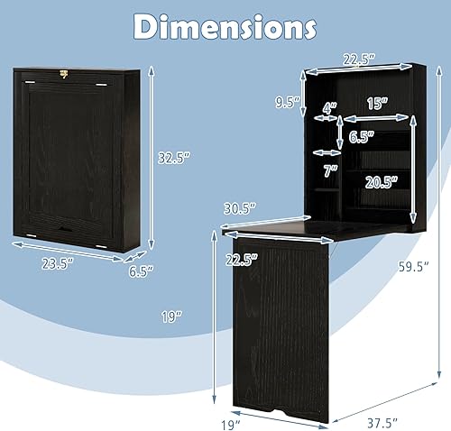 Miniatura 6 de Tangkula Escritorio montado en la pared, escritorio flotante convertible plegable, escritorio Murphy multifunción para oficina en casa, escritorio