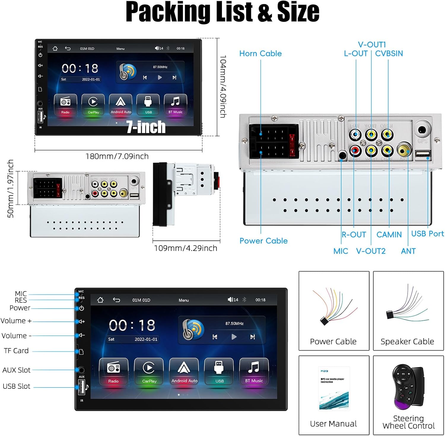 7" Single DIN Car Stereo with Wireless Apple CarPlay, Android Auto, HD Touch Screen Car Radio Bluetooth 5.2 Car Play Car Audio Receivers Support Mirror Link, FM Radio, SWC/USB/TF/AUX Head Unit